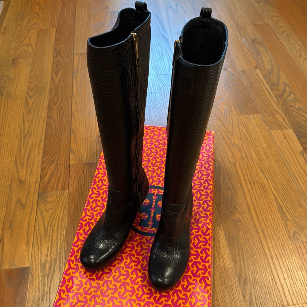 Tory Burch Black Leather Wedge Boots